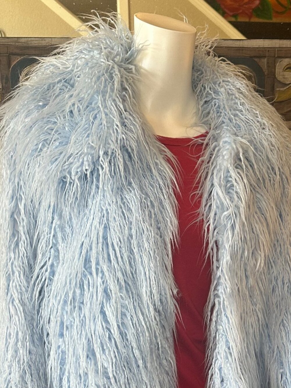 VTG FOREVER21 Blue Long Hair Faux Fur open Jacket Large Long Sleeve Collared - Picture 13 of 16